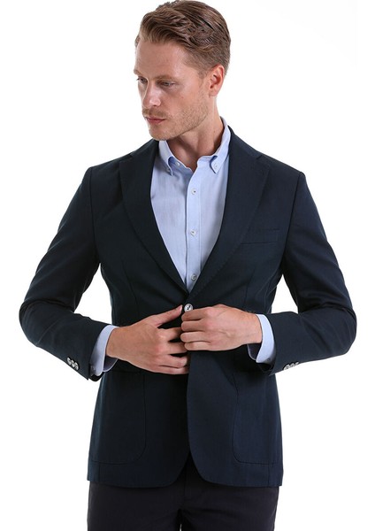 Lacivert Slim Fit Düz Mono Yaka Klasik Keten Ceket