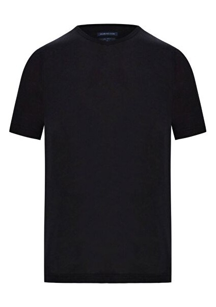 Saf Keten Siyah Bisiklet Yaka T-Shirt