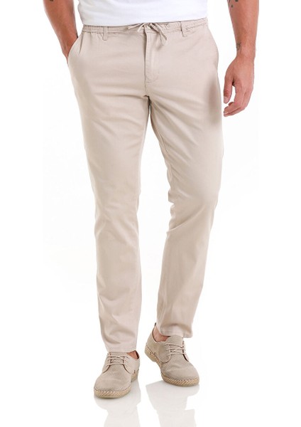 Bej Regular Fit Düz Yandan Cep Pamuklu Jogger Kanvas Pantolon