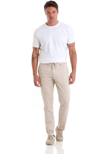 Bej Regular Fit Düz Yandan Cep Pamuklu Jogger Kanvas Pantolon