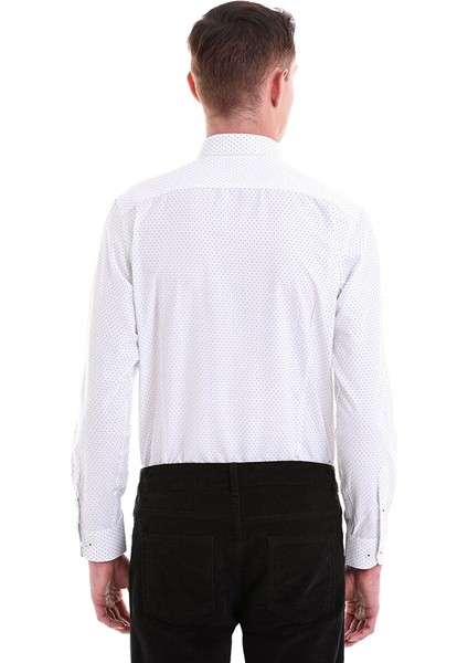 Siyah Slim Fit Baskılı Pamuklu Slim Yaka Uzun Kollu Klasik Gömlek