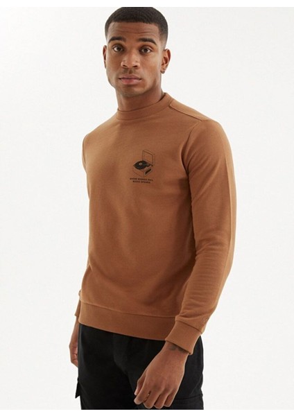 Kahverengi Baskılı Bisiklet Yaka Pamuklu Regular Fit Erkek Sweatshirt Record