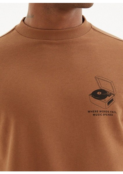 Kahverengi Baskılı Bisiklet Yaka Pamuklu Regular Fit Erkek Sweatshirt Record