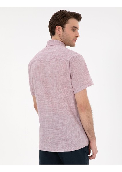 Bordo Keten Görünümlü Regular Fit Kısa Kollu Gömlek
