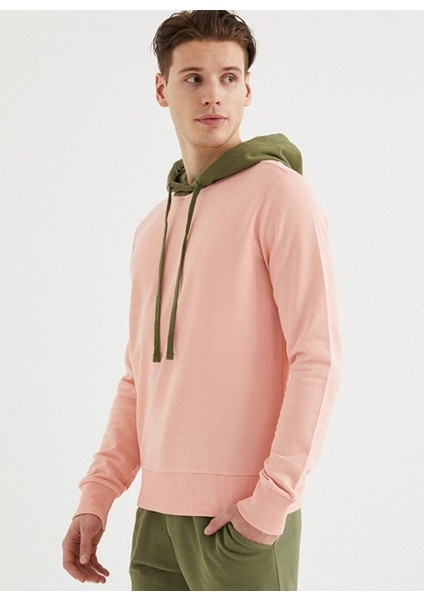 Pembe Haki Kapüşonlu Pamuklu Regular Fit Erkek Sweatshirt Core Colour Blocked Hoodıe