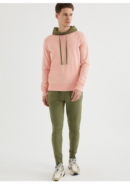Pembe Haki Kapüşonlu Pamuklu Regular Fit Erkek Sweatshirt Core Colour Blocked Hoodıe