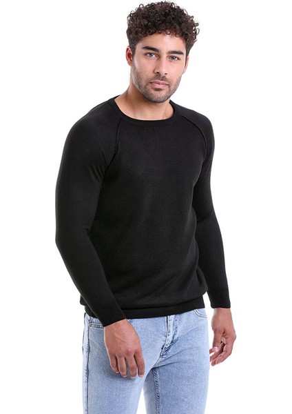 Siyah Regular Fit Bisiklet Yaka Triko Yün Kazak