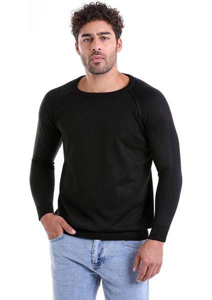 Siyah Regular Fit Bisiklet Yaka Triko Yün Kazak