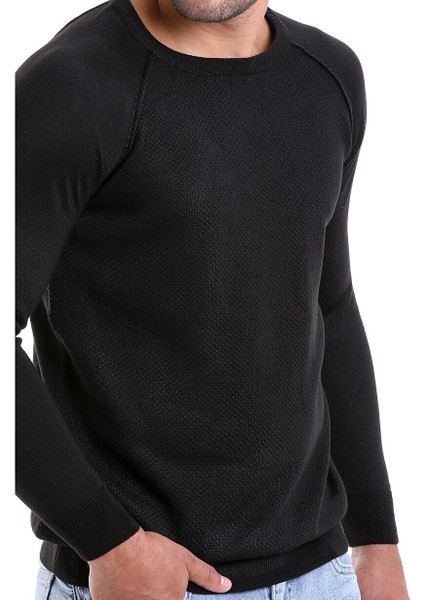 Siyah Regular Fit Bisiklet Yaka Triko Yün Kazak