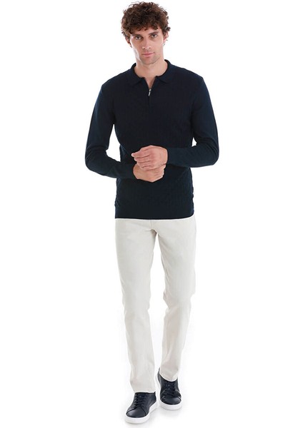 Lacivert Regular Fit Jakarlı Polo Yaka Yünlü Triko Kazak