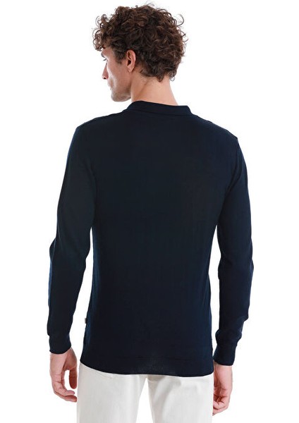 Lacivert Regular Fit Jakarlı Polo Yaka Yünlü Triko Kazak