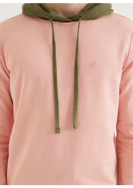 Pembe Haki Kapüşonlu Pamuklu Regular Fit Erkek Sweatshirt Core Colour Blocked Hoodıe