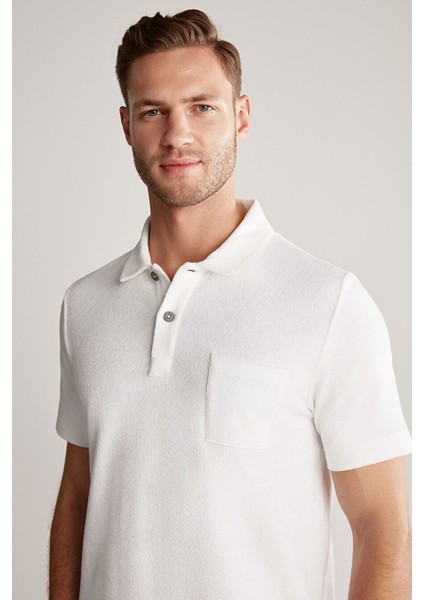 Beyaz Havlu Kumaş Polo Yaka T-Shirt