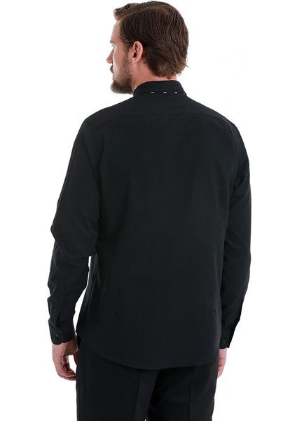 Siyah Slim Fit Düz Slim Yaka Pamuklu Uzun Kollu Gömlek indirimleri