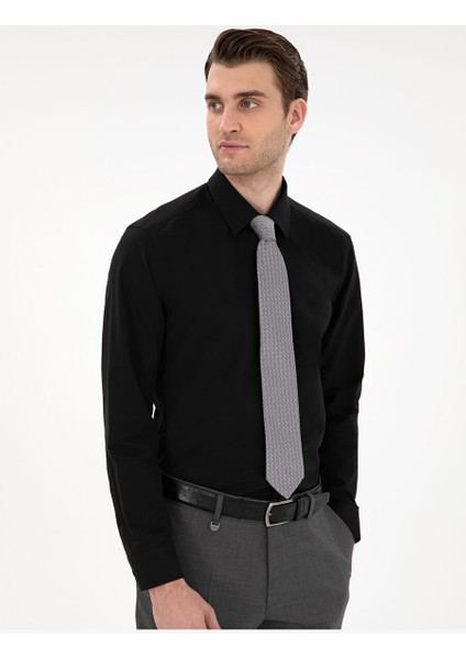 Siyah Regular Fit Uzun Kollu Basic Gömlek