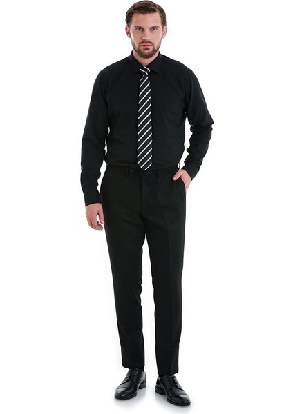 Siyah Slim Fit Düz Slim Yaka Pamuklu Uzun Kollu Gömlek fiyatları