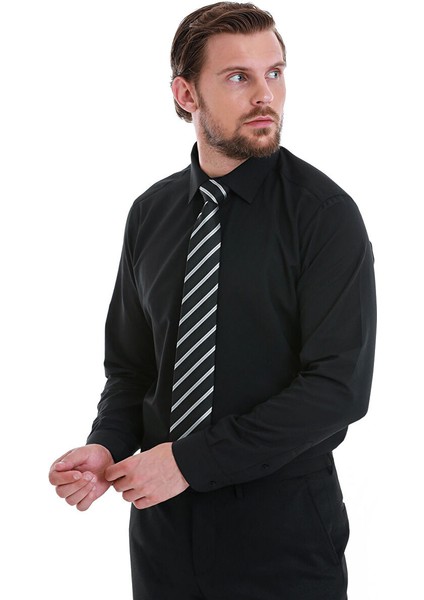 Siyah Slim Fit Düz Slim Yaka Pamuklu Uzun Kollu Gömlek modelleri