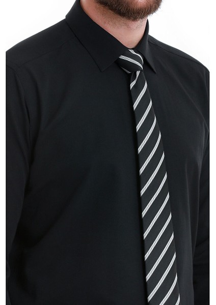 Siyah Slim Fit Düz Slim Yaka Pamuklu Uzun Kollu Gömlek fırsatları