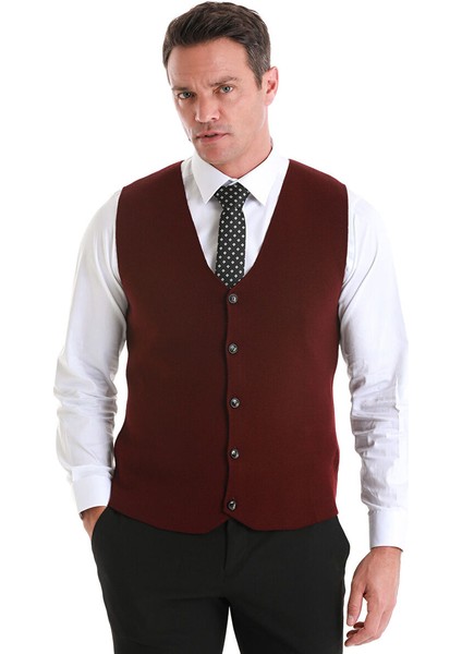 Bordo Regular Fit Düz V Yaka Triko Yelek