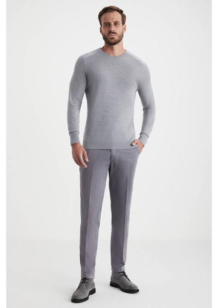 Slim Fit Bisiklet Yaka Açık Gri Merino Yün Triko