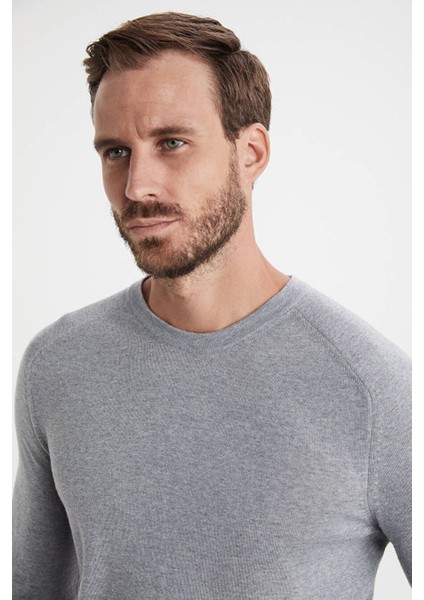 Slim Fit Bisiklet Yaka Açık Gri Merino Yün Triko