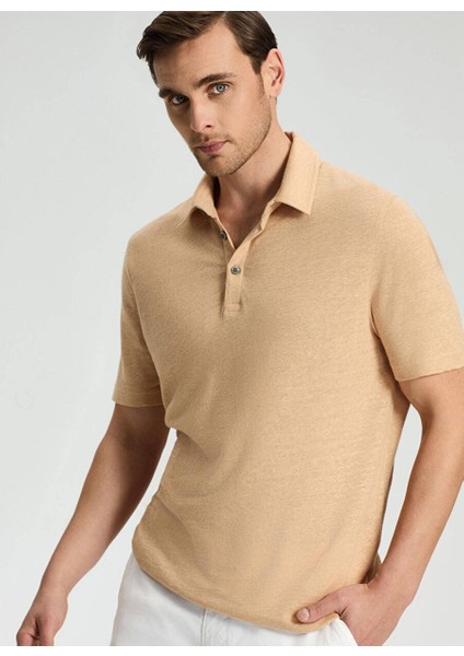 Saf Keten Kum Rengi Polo Yaka T-Shirt