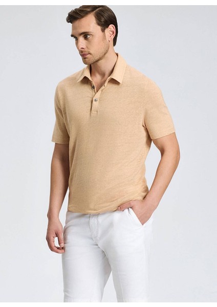 Saf Keten Kum Rengi Polo Yaka T-Shirt fırsatları