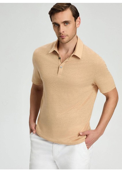Saf Keten Kum Rengi Polo Yaka T-Shirt indirimleri