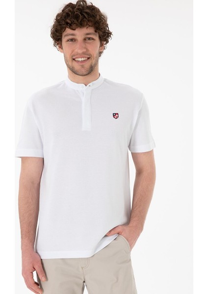 Erkek Regular Fit Hakim Yaka Beyaz Basic Tişört