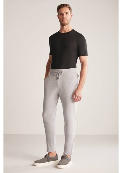 Bağcıklı Açık Gri Slim Fit Triko Pantolon