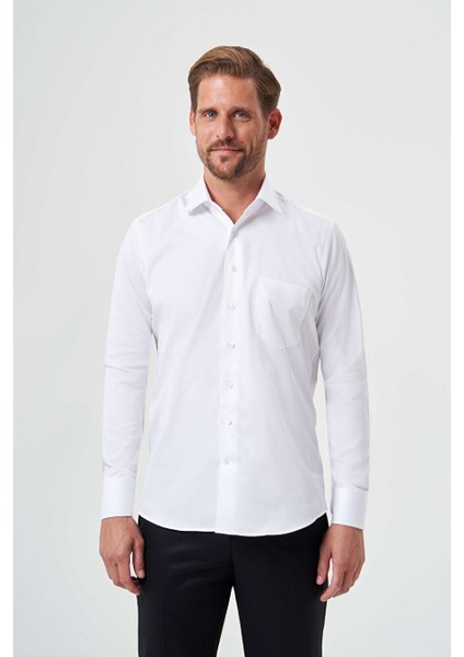 Erkek Regular Fit Saten Klasik Gömlek Beyaz GM23K232020_D01