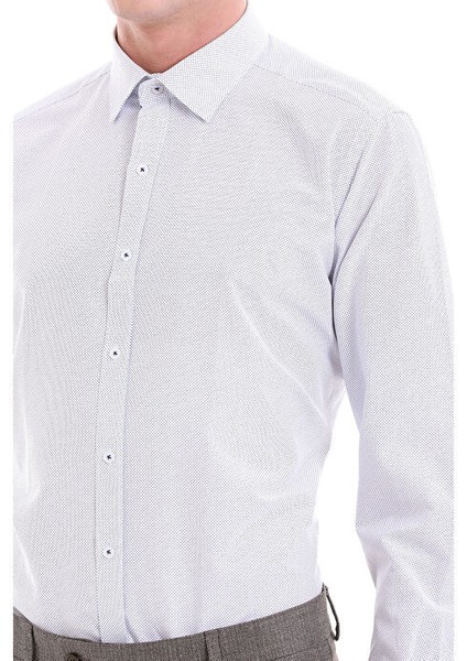 Lacivert Slim Fit Baskılı Pamuklu Slim Yaka Uzun Kollu Klasik Gömlek