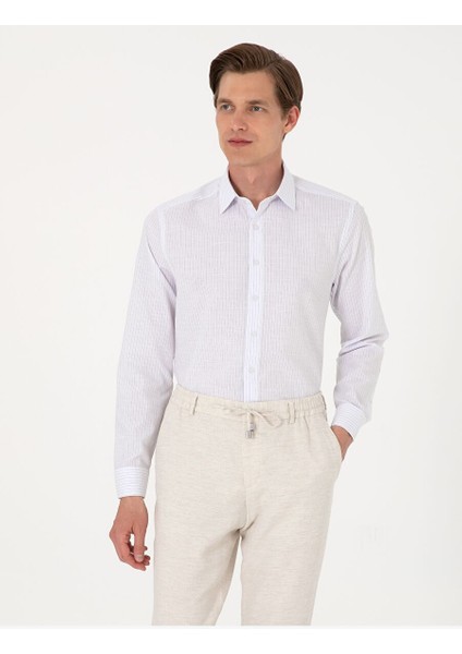 Lacivert Slim Fit Çizgili Uzun Kollu Gömlek
