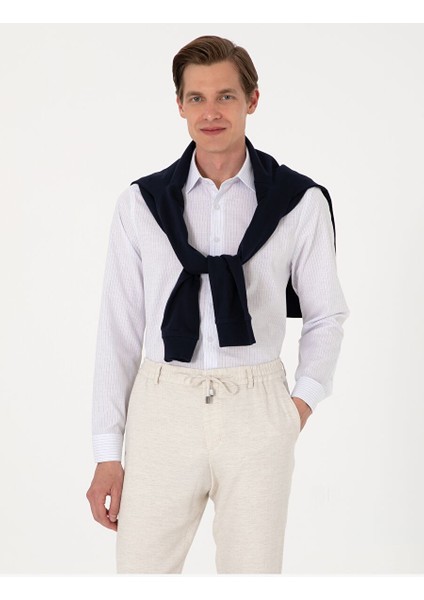 Lacivert Slim Fit Çizgili Uzun Kollu Gömlek modelleri