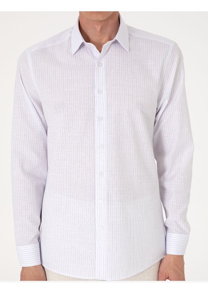 Lacivert Slim Fit Çizgili Uzun Kollu Gömlek