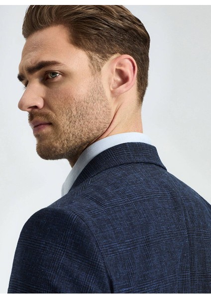 Yün-Pamuk Karışım Lacivert Yazlık Blazer Ceket