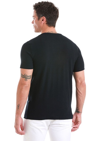 Lacivert Regular Fit Jakarlı Bisiklet Yaka Tişört