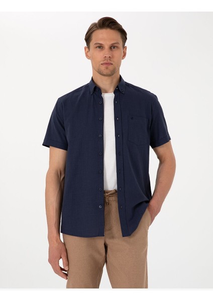 Koyu Lacivert Regular Fit Kısa Kollu Gömlek