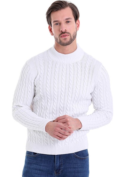 Ekru Comfort Fit Desenli Pamuklu Yarım Balıkçı Yaka Triko Kazak