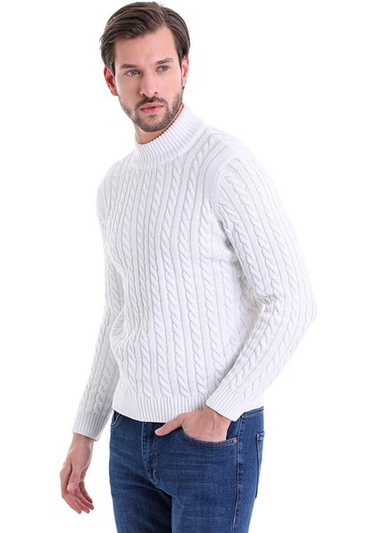 Ekru Comfort Fit Desenli Pamuklu Yarım Balıkçı Yaka Triko Kazak fiyatları