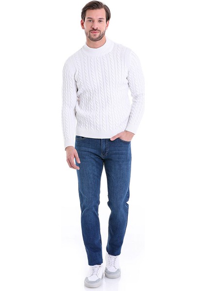 Ekru Comfort Fit Desenli Pamuklu Yarım Balıkçı Yaka Triko Kazak fırsatları