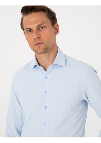 Açık Mavi Slim Fit Uzun Kollu Armürlü Gömlek