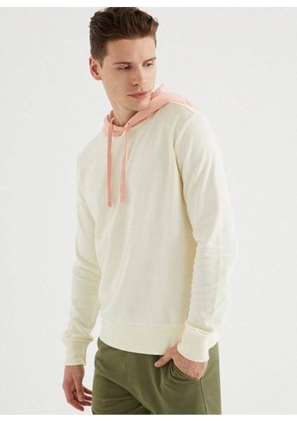 Beyaz Somon Kapüşonlu Pamuklu Regular Fit Erkek Sweatshirt Core Colour Blocked Hoodıe