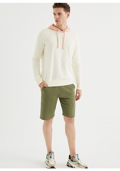 Beyaz Somon Kapüşonlu Pamuklu Regular Fit Erkek Sweatshirt Core Colour Blocked Hoodıe fiyatları