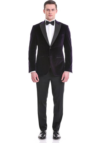 Mor Slim Fit Düz Sivri Yaka Kadife Klasik Smokin Damatlık