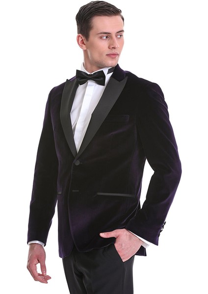 Mor Slim Fit Düz Sivri Yaka Kadife Klasik Smokin Damatlık modelleri