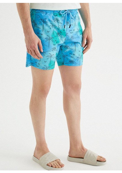 Erkek Turkuaz Regular Fit Palms Deniz Şortu