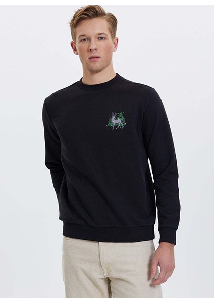 Siyah Baskılı Bisiklet Yaka Pamuklu Regular Fit Erkek Sweatshirt Wmxmas Deer