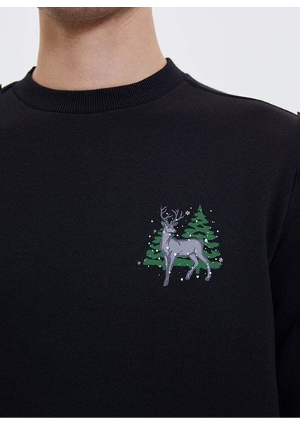 Siyah Baskılı Bisiklet Yaka Pamuklu Regular Fit Erkek Sweatshirt Wmxmas Deer