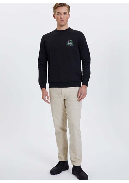 Siyah Baskılı Bisiklet Yaka Pamuklu Regular Fit Erkek Sweatshirt Wmxmas Deer